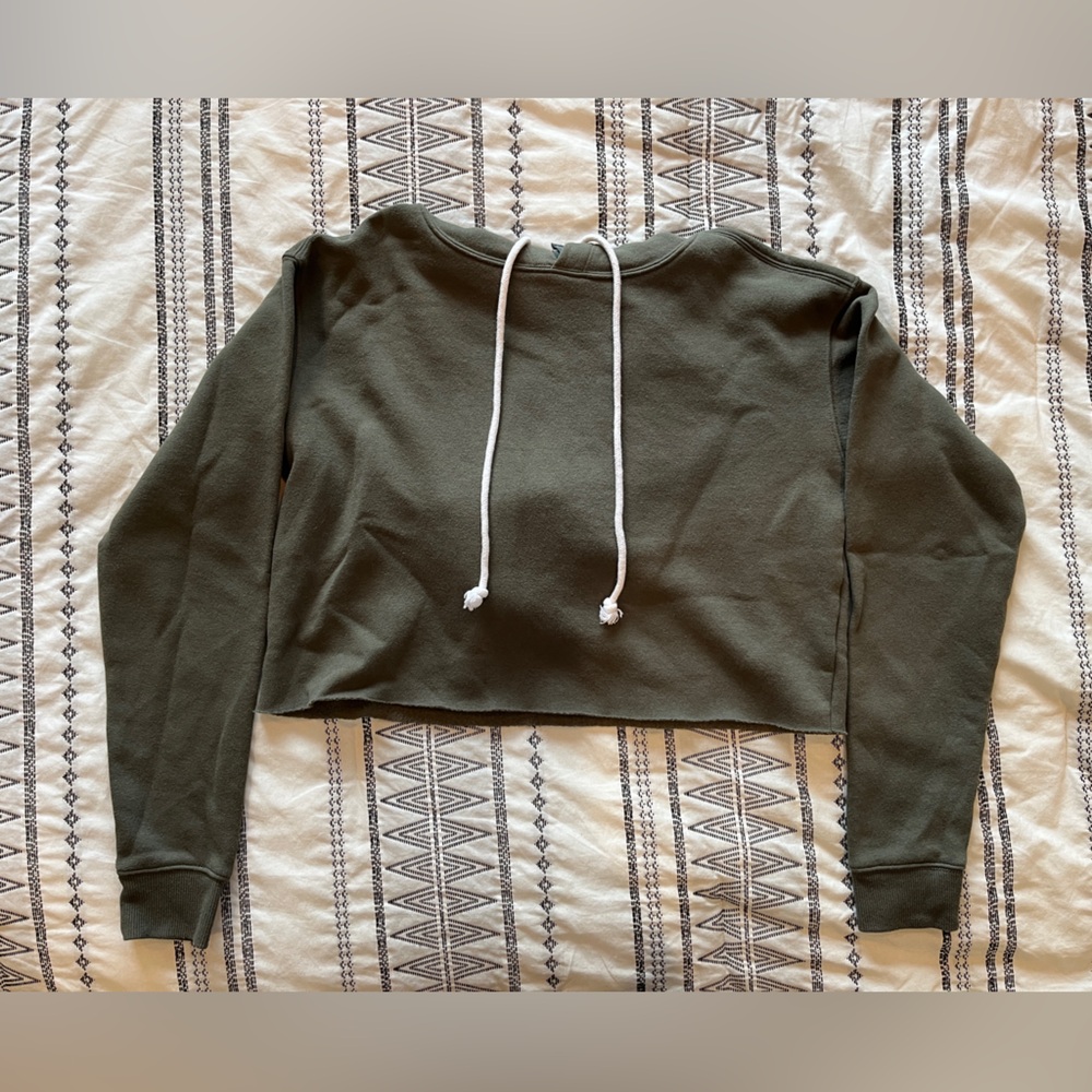 Olive Crop Pullover Hoodie with Strings